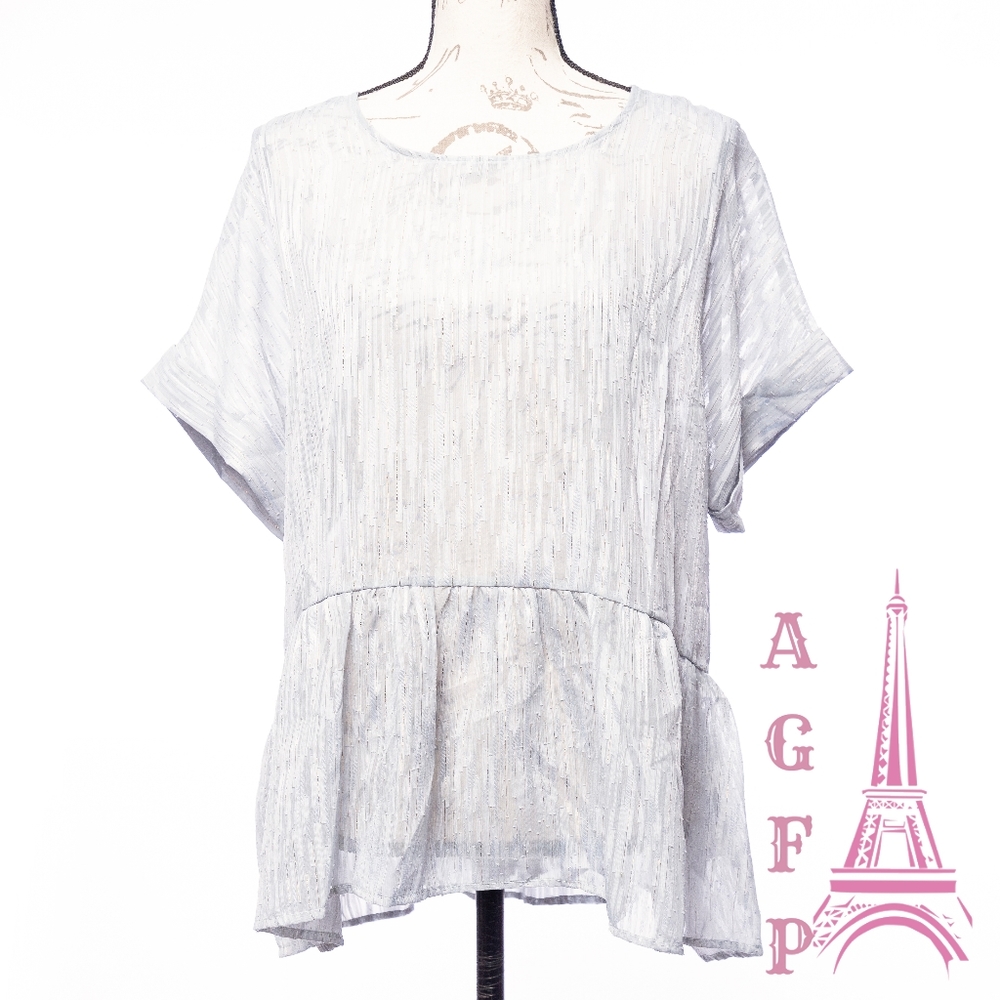 Women's short sleeve sheer peasant boho blouse boxy ruffle pale blue top